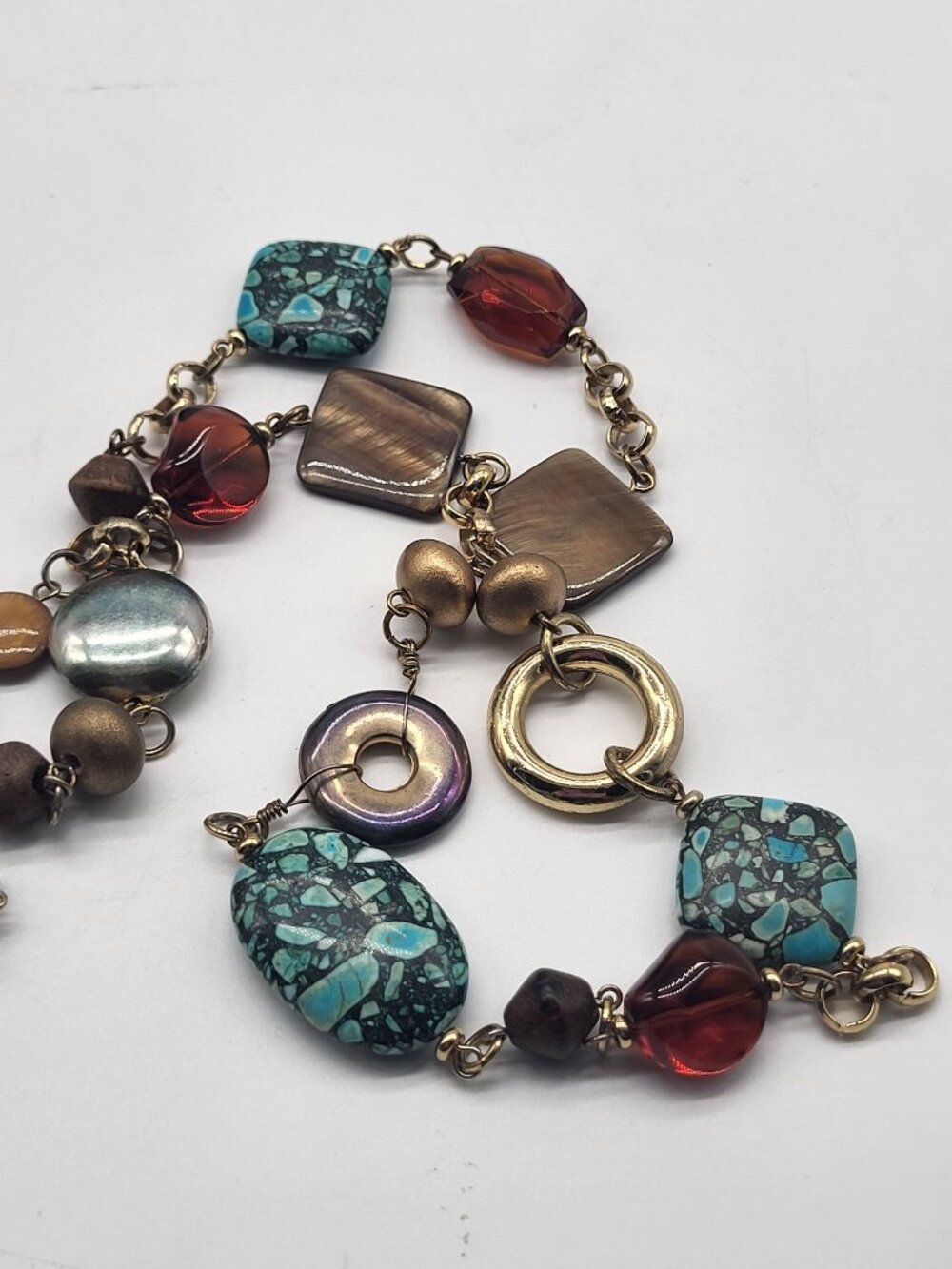 Premier Designs Jewelry Canyon Retired Turquoise Shells Glass Gold Tone Necklace - Picture 8 of 8